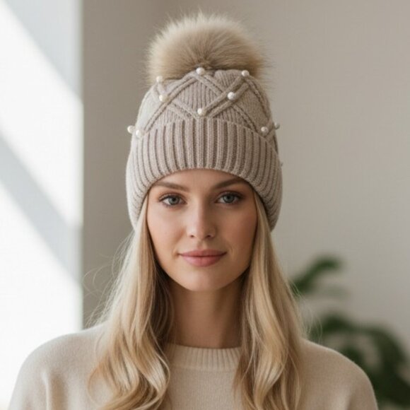 2/$30 Beige Stylish Knit Beanie with Faux Fur Pom-Pom & Pearl Embellishments - Picture 1 of 5